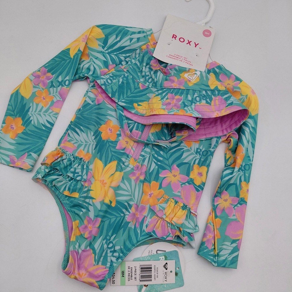 NWT Roxy Baby 18m 2 Piece Set Swim Suit  & Hat Rash Guard 50 UPF Besch Floral